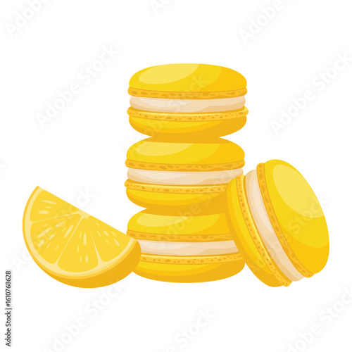 Stack of yellow lemon macarons with fresh lemon slice