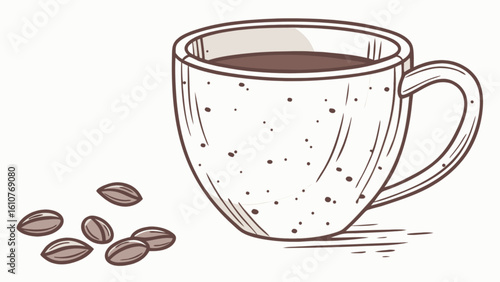 Illustration of a coffee cup filled with dark liquid and coffee beans on a white background art