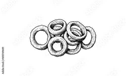 Hand-drawn onion rings illustration. Vector retro hand drawn illustration