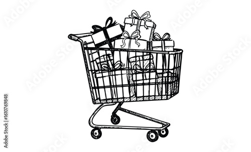 Shopping cart filled with gift boxes and bows in black and white drawing. Vector retro hand drawn illustration