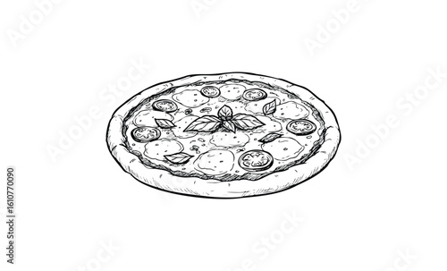 Hand-drawn pizza with fresh ingredients and basil. Vector retro hand drawn illustration