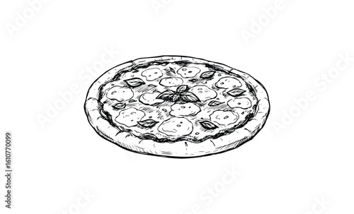 Hand-drawn margherita pizza sketch with basil and cheese. Vector retro hand drawn illustration
