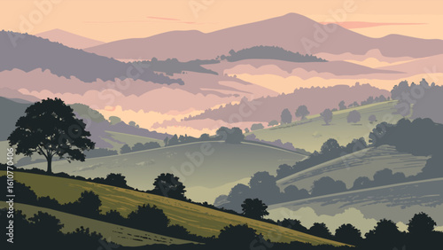 Landscape view of rolling green hills with trees and mountains in the background at sunset or sunrise