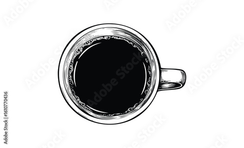 Monochrome sketch of a classic coffee cup filled with dark brew. Vector retro hand drawn illustration