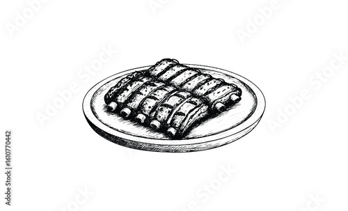 Hand-drawn sketch of grilled barbecue ribs on plate. Vector retro hand drawn illustration