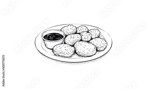 Sketch of chicken nuggets on plate with dipping sauce. Vector retro hand drawn illustration
