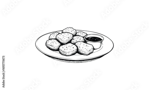 Hand-drawn sketch of falafel plate with sauce. Vector retro hand drawn illustration