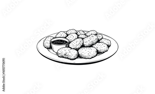Plate of chicken nuggets with dipping sauce in black and white sketch style. Vector retro hand drawn illustration