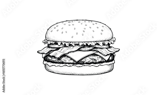 Classic cheeseburger sketch with lettuce, tomato, bacon, and sesame seed bun. Vector retro hand drawn illustration