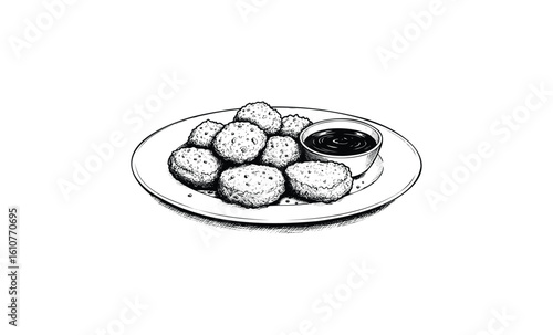 Sketch of chicken nuggets and dipping sauce on a plate. Vector retro hand drawn illustration
