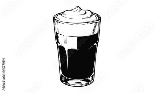Illustration of a tall glass of cream-topped dark beer with detailed line art style. Vector retro hand drawn illustration