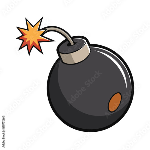Black round bomb on white background burning wick