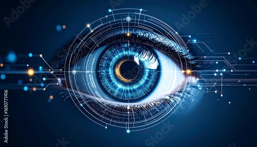 Futuristic eye with digital network overlay