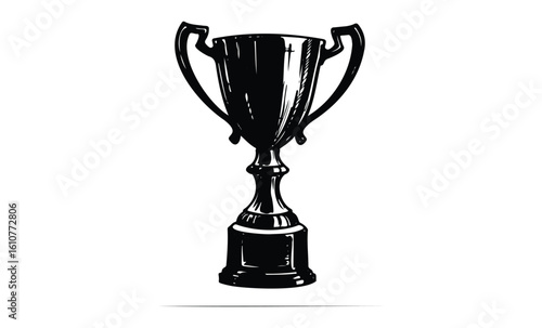 Detailed black and white trophy illustration with classic cup design. Vector retro hand drawn illustration