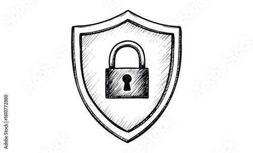 Vintage lock shield illustration depicting security and protection. Vector retro hand drawn illustration