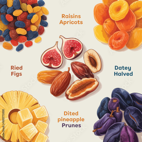 Assortment of dried fruits including figs apricots prunes pineapple and raisins