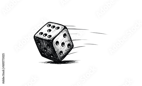 Sketch of a rolling dice with motion lines illustrating chance and probability. Vector retro hand drawn illustration