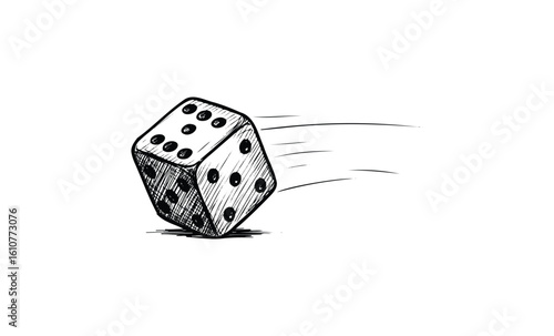 Sketch of a rolling dice with motion lines on a white background. Vector retro hand drawn illustration