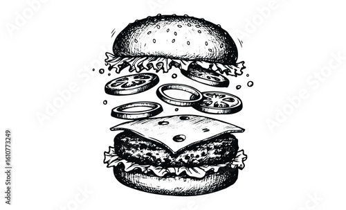 Hand-drawn burger ingredients illustration with floating toppings. Vector retro hand drawn illustration