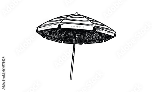 Hand-drawn striped beach umbrella illustration in black and white ink style. Vector retro hand drawn illustration
