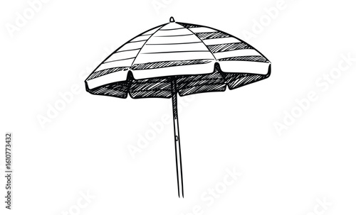 Hand-drawn sketch of a striped beach umbrella with detailed shading. Vector retro hand drawn illustration