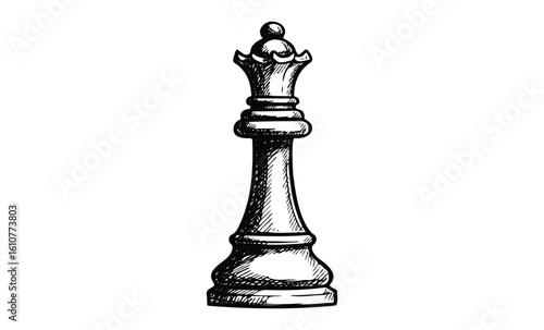 Hand-drawn chess queen piece in detailed black ink sketch. Vector retro hand drawn illustration