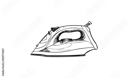 Sketch of vintage electric iron appliance drawn in black and white. Vector retro hand drawn illustration