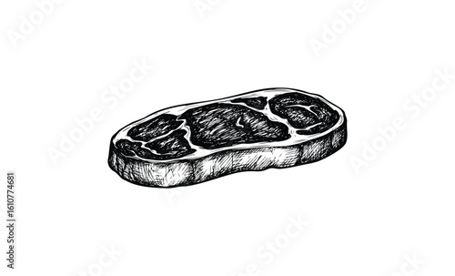 Hand-drawn steak illustration: detailed black and white artwork of a cut of beef. Vector retro hand drawn illustration