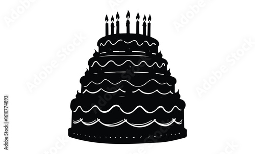 Silhouette of multilayered birthday cake with lit candles. Vector retro hand drawn illustration