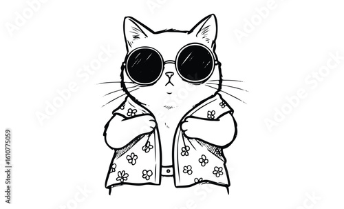 Cool cat in sunglasses and floral shirt illustration with bold lines. Vector retro hand drawn illustration