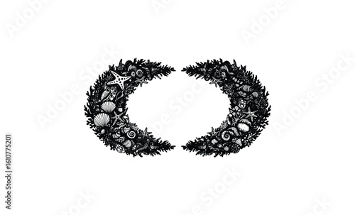 Marine life mandala with sea creatures and shells on crescent moons. Vector retro hand drawn illustration