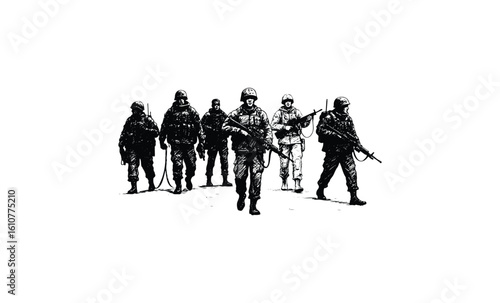 Group of diverse soldiers in uniform walking forward with weapons. Vector retro hand drawn illustration