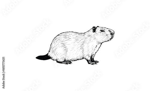 Detailed black and white capybara illustration facing sideways. Vector retro hand drawn illustration