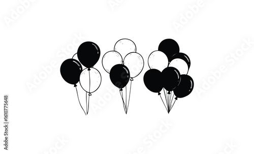 Black and white balloon clusters. Vector retro hand drawn illustration