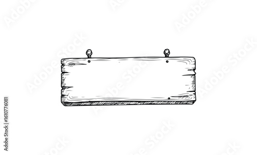 Blank wooden signboard drawing with rustic hooks. Vector retro hand drawn illustration