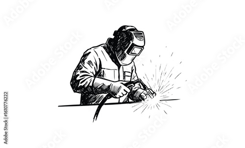 Monochrome illustration of a welder in action with protective gear. Vector retro hand drawn illustration