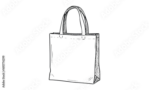 Hand drawn sketch of a reusable tote bag with handles on a white background. Vector retro hand drawn illustration