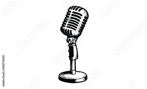 Vintage microphone illustration with retro design and classic style. Vector retro hand drawn illustration
