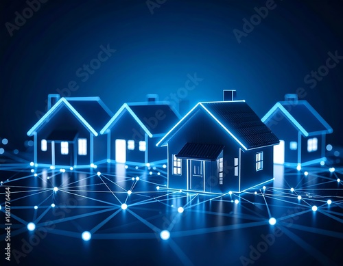 Glowing houses connected by a network grid