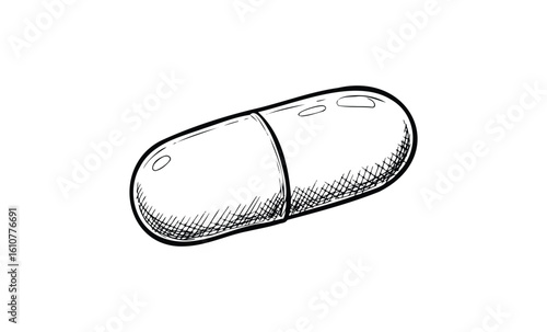 Hand-drawn capsule sketch illustration of a medicine pill in black and white. Vector retro hand drawn illustration