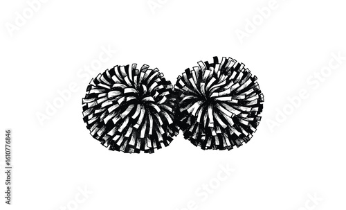 Black and white pom poms in symmetrical arrangement. Vector retro hand drawn illustration
