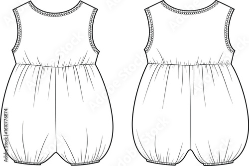 Baby romper suit, sleeveless infant outfit, elastic leg openings, gathered waist detail, toddler clothing, summer baby wear, soft fabric, children’s fashion, CAD drawing, flat vector illustration