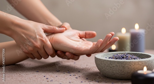 Closeup of hands receiving a wrist and palm massage amidst a bowl of lavender and soft blurred lit candles
