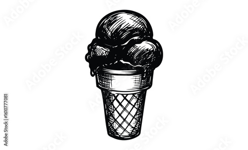 Vintage-style black and white ice cream cone drawing with textured scoops. Vector retro hand drawn illustration