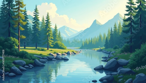 Vibrant Digital Art: Serene River Winding Through Lush Pine Forests and Majestic Mountains Under a Bright Sky
