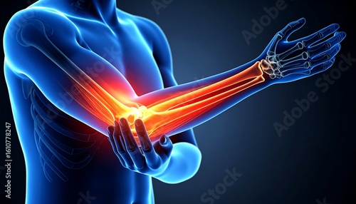 3D anatomical rendering of male elbow with highlighted pain