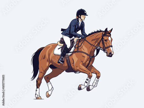 Female equestrian athlete competing on a white background