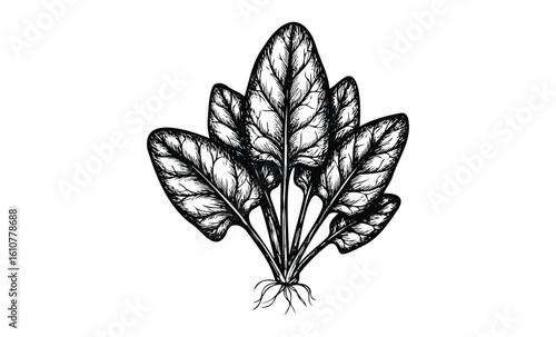 Detailed black and white line art of spinach leaves. Vector retro hand drawn illustration