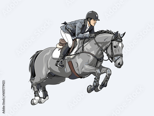 male equestrian athlete competing on a white background