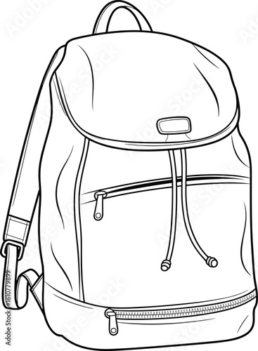 Backpack illustration, cad sketch, vector drawing, technical design, school bag art, travel gear outline, stylish pack, zipper bag, functional accessory, cad drawing flat vector illustration